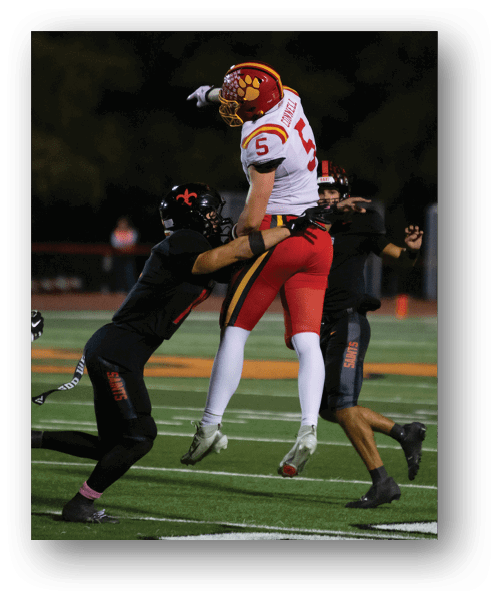 A football player catching a ball. Description generated by AI