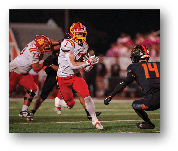 A group of football players celebrating a touchdown. Description generated by AI