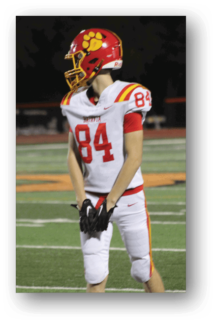 A football player catching a ball. Description generated by AI