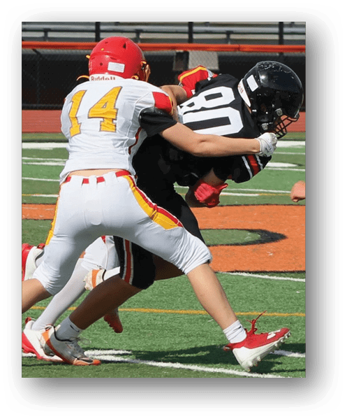 A football player catching a ball. Description generated by AI