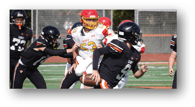 A football player wearing a blue and white uniform. Description generated by AI