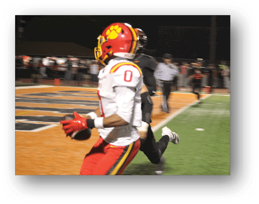 A football player running on the field. Description generated by AI