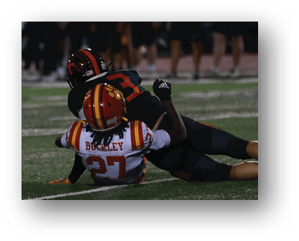 A football player running on the field. Description generated by AI
