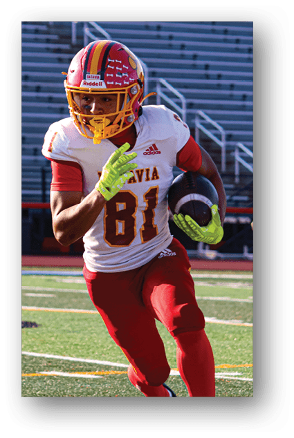 A football player catching a ball. Description generated by AI