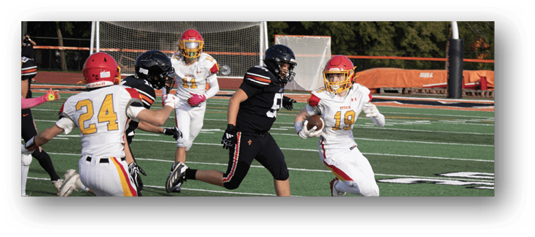 A football player wearing a blue and white uniform. Description generated by AI