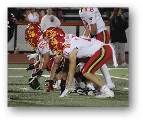 A group of football players celebrating a touchdown. Description generated by AI
