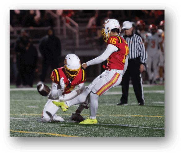 A group of football players celebrating a touchdown. Description generated by AI