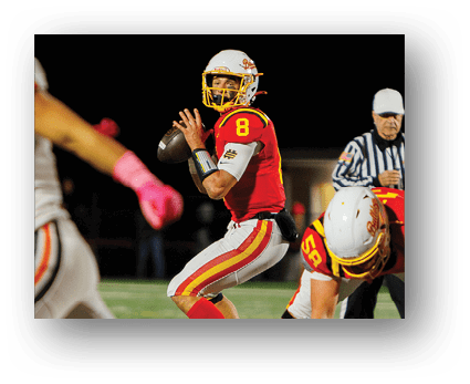 A football player running on the field. Description generated by AI