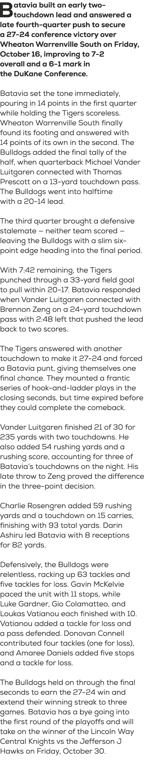 B atavia built an early two touchdown lead and answered a late fourth quarter push to secure a 27 24 conference victo...