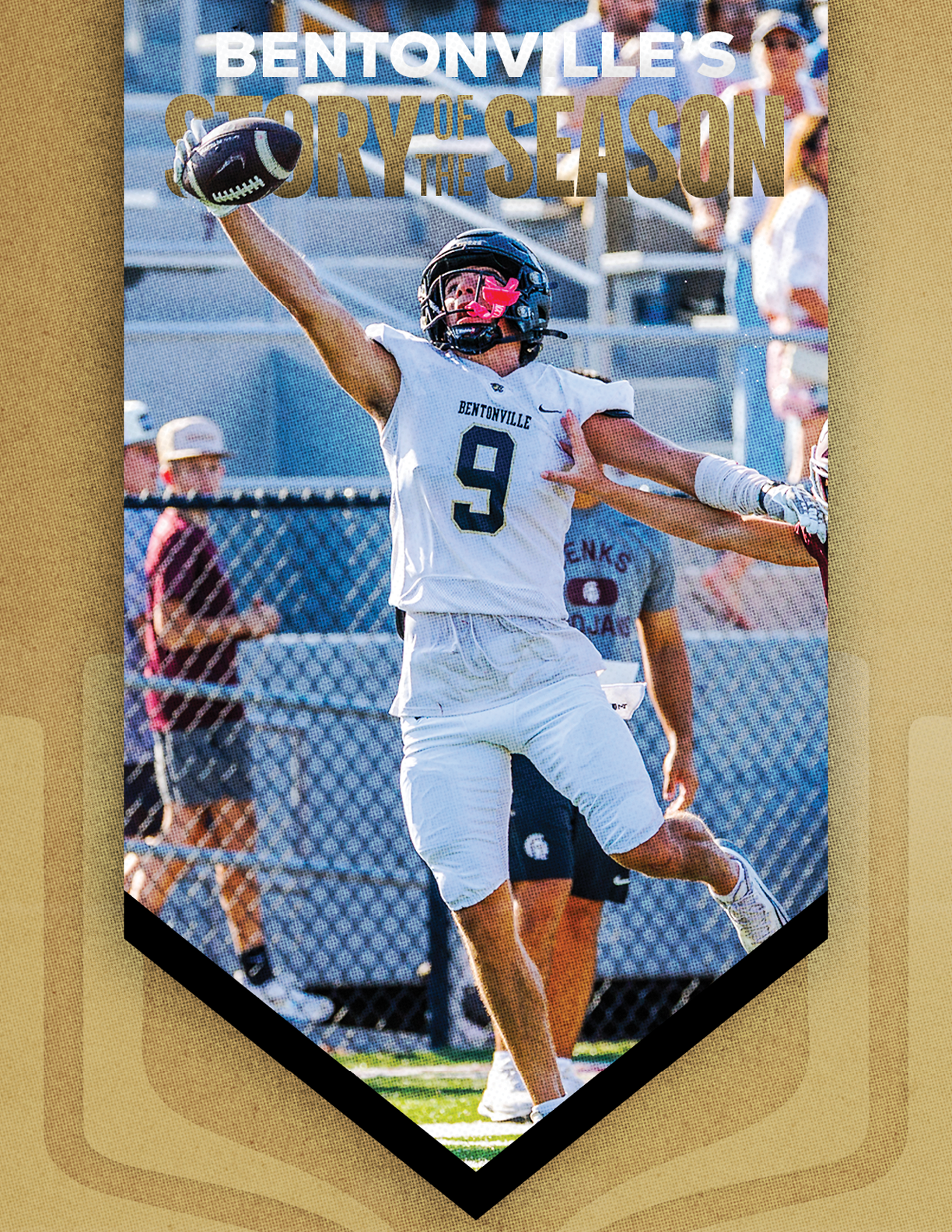 A football player wearing a white jersey with the number 9 on it. Description generated by AI