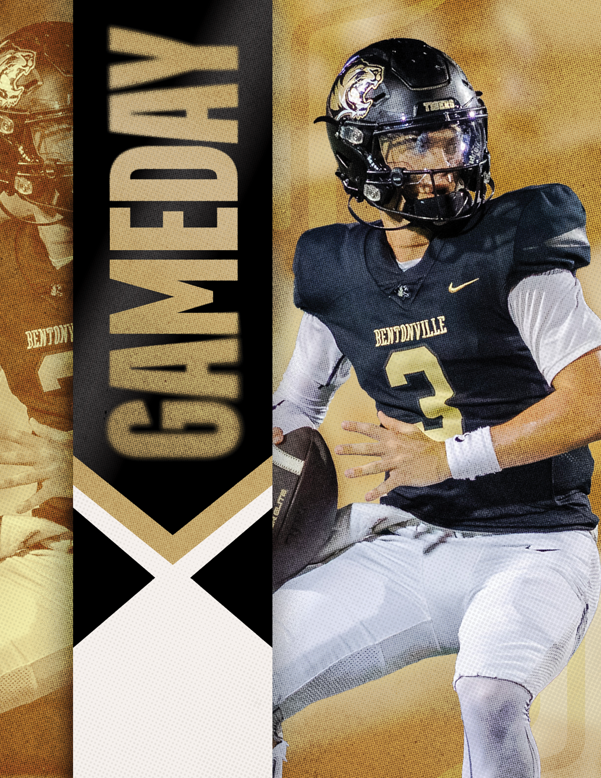A football player wearing a black and gold jersey. Description generated by AI