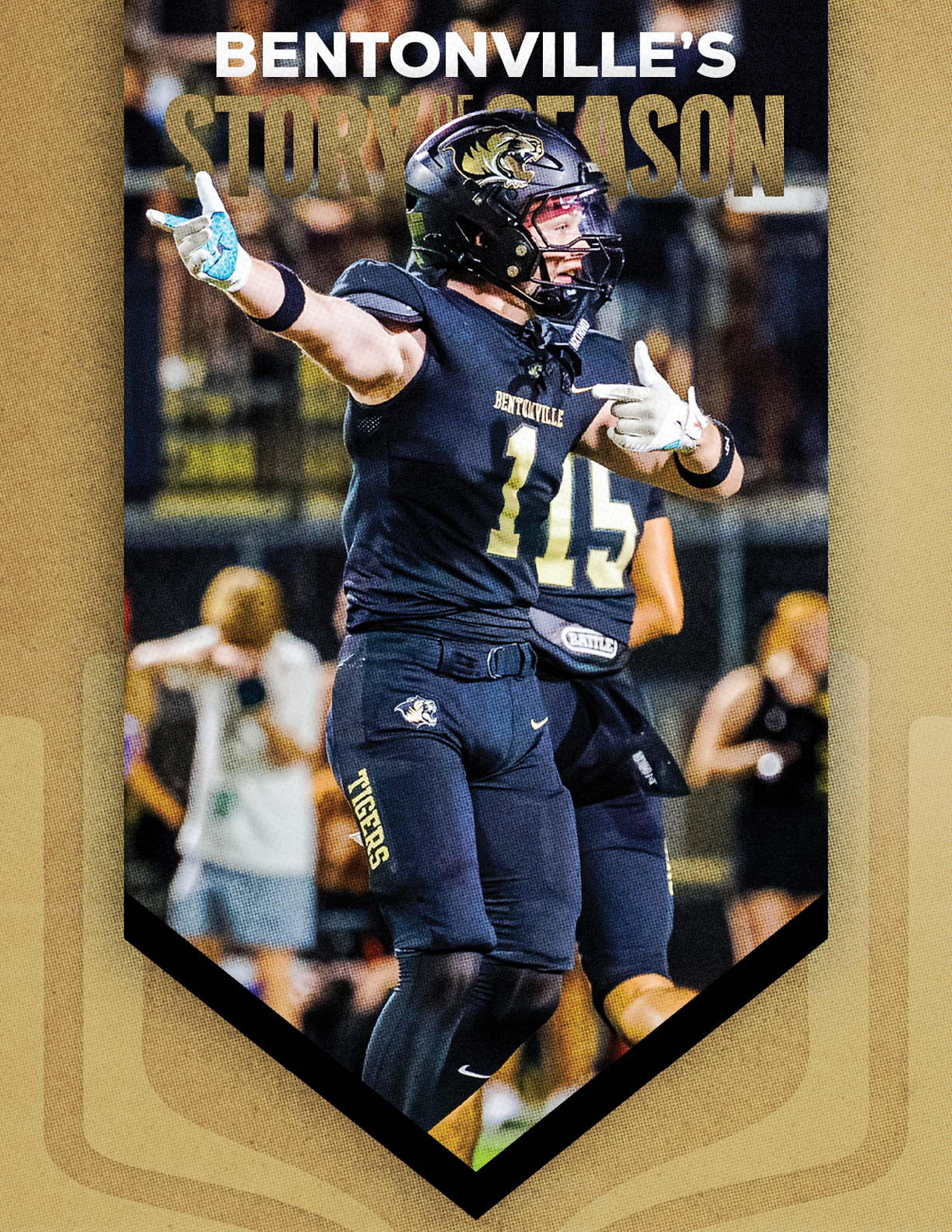 A football player wearing a black and gold jersey with the number 15 on it. Description generated by AI