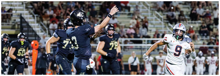 A football player in a black jersey catching a football. Description generated by AI