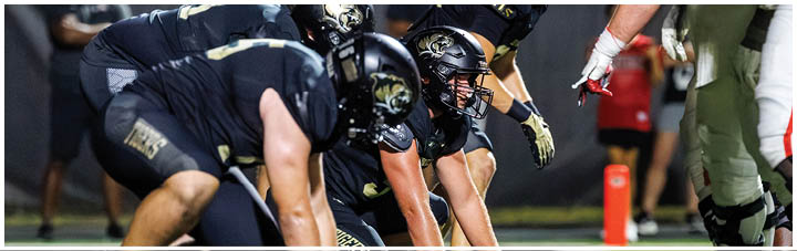 A football game is in progress with a group of men on the field. Description generated by AI
