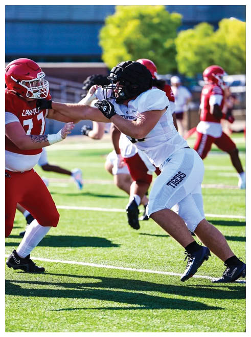 A football player in a red jersey is tackling another player. Description generated by AI