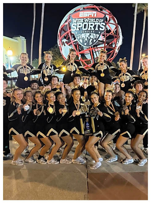 A group of cheerleaders posing for a picture. Description generated by AI