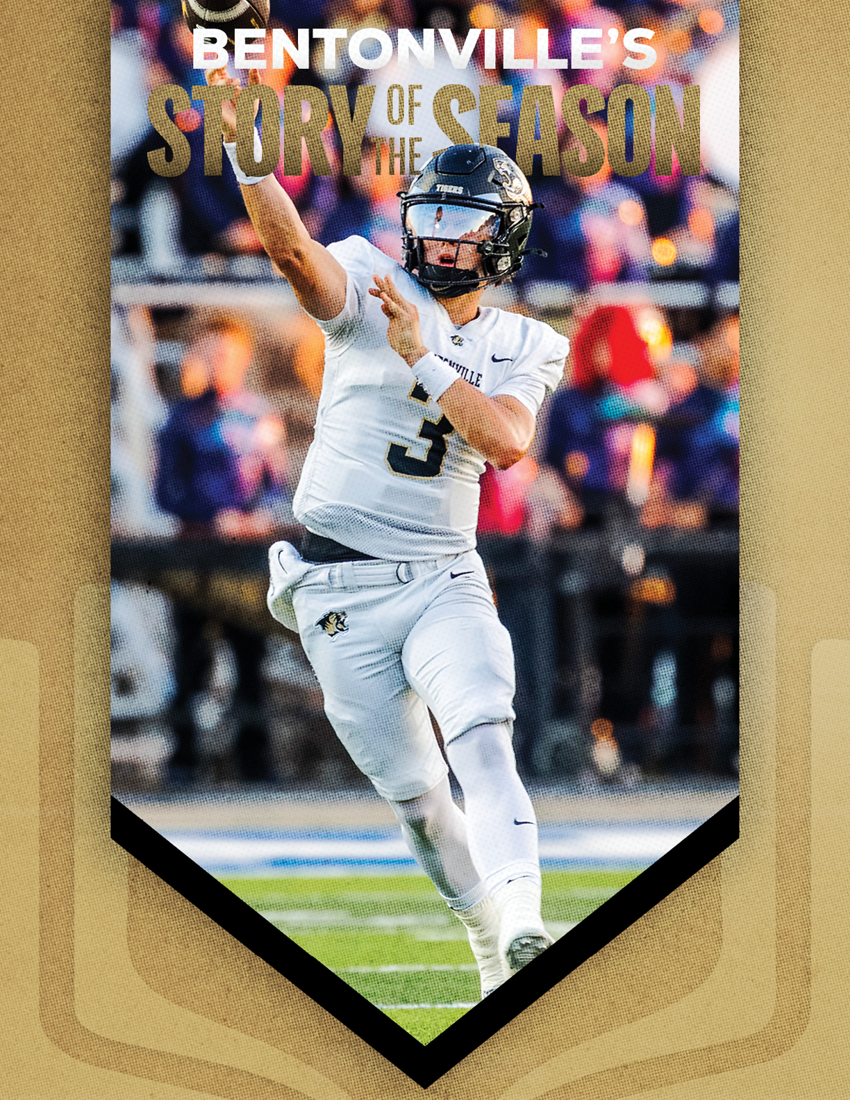 A football player wearing a white uniform and a gold number 3 on his jersey. Description generated by AI
