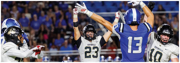 A group of football players celebrating a touchdown. Description generated by AI