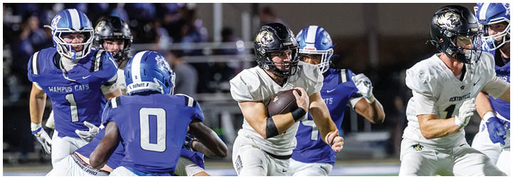 A football player in a blue uniform is running with a football. Description generated by AI