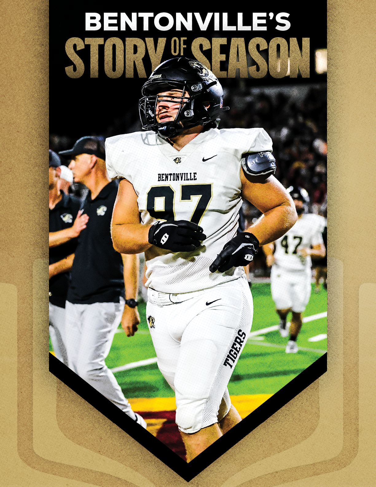 A football player wearing a white uniform and a gold number 3 on his jersey. Description generated by AI