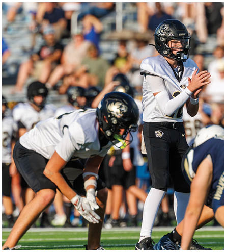 A football player wearing a black helmet and white jersey. Description generated by AI