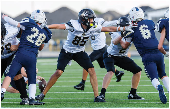 A group of football players standing on a field. Description generated by AI