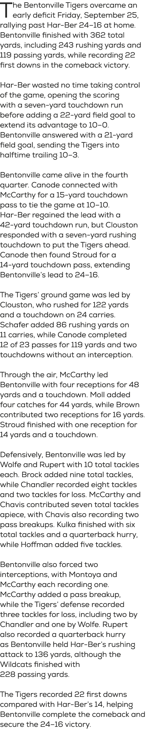 The Bentonville Tigers overcame an early deficit Friday, September 25, rallying past Har Ber 24–16 at home. Bentonvil...