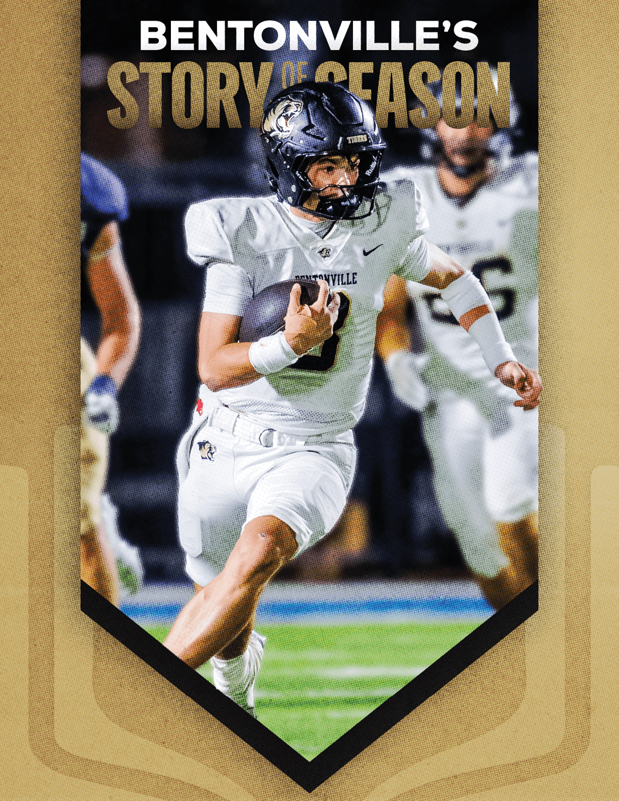 A football player wearing a white uniform and a gold number 3 on his jersey. Description generated by AI
