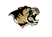 A tiger's head with its mouth open. Description generated by AI