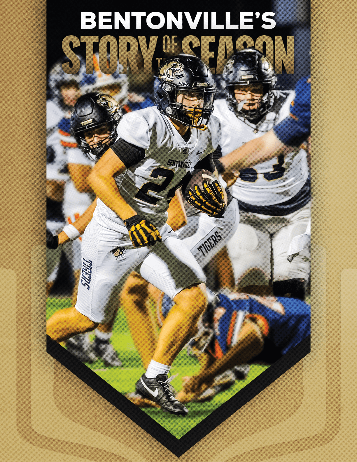 A football player wearing a white uniform and a gold number 3 on his jersey. Description generated by AI