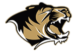 A tiger's head with its mouth open. Description generated by AI
