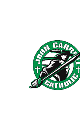 A stylized figure wearing a hat with a feather and a cape is holding a sword, surrounded by a green circular border with the text “John Carroll Catholic" and two crosses. Descripci n generada con IA