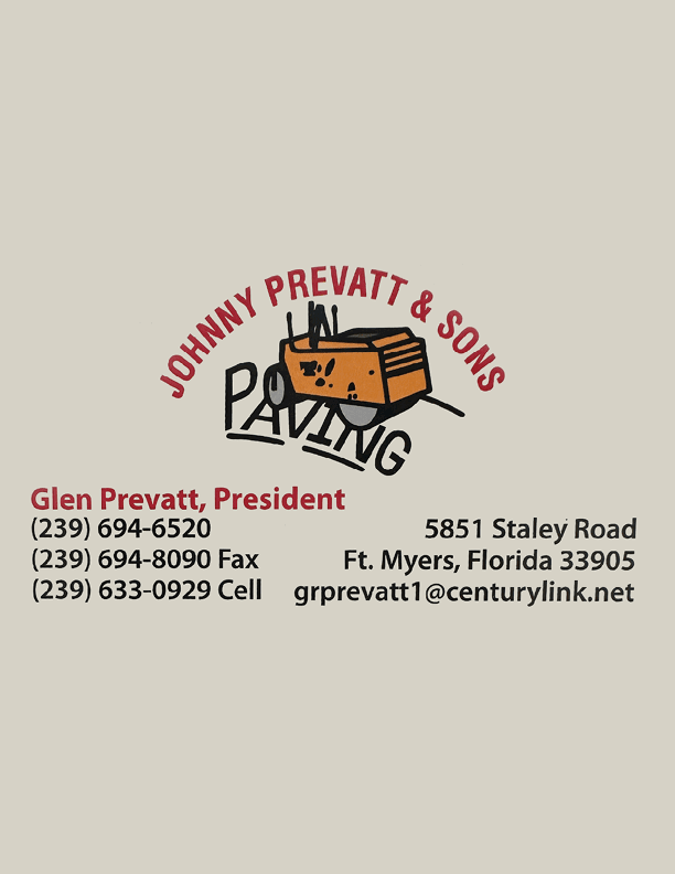 A business logo for Johnny Prevatt & Sons Paving featuring a paving machine illustration and contact information for Glen Prevatt, President, including phone numbers, fax, address, and email. Descripci n generada con IA