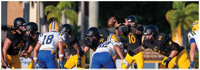 Adults in football uniforms are positioned on a field with one player preparing to throw a football while others are crouched and ready for action. Descripci n generada con IA
