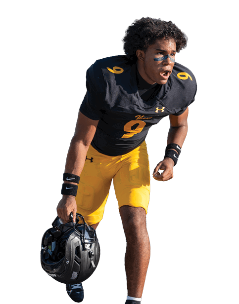 A person wearing a black and yellow football uniform with the number nine is holding a helmet and appears to be preparing to play on a grassy field. Descripci n generada con IA