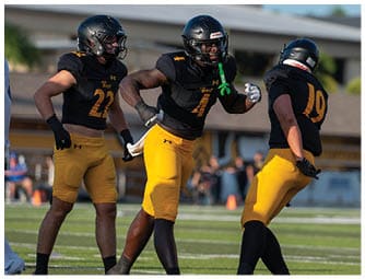 Three people wearing black helmets and black and yellow football uniforms are on a field, with one person in the center appearing to celebrate or signal. Descripci n generada con IA