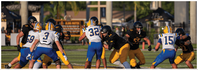 Players in blue and white uniforms and players in black and yellow uniforms are engaged in a football game on a field. Descripci n generada con IA
