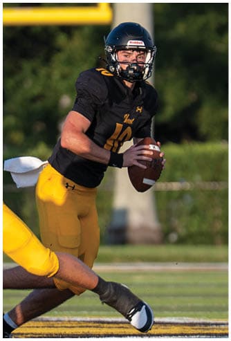 A person wearing a black helmet and black and yellow sports uniform is holding a football and preparing to throw it on a grassy field during a game. Descripci n generada con IA