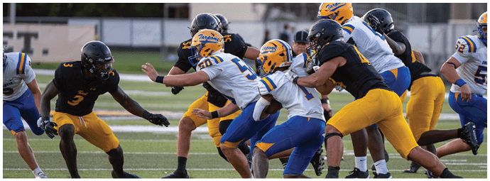 People wearing helmets and sports uniforms are engaged in a football game on a field with yard lines visible. Descripci n generada con IA
