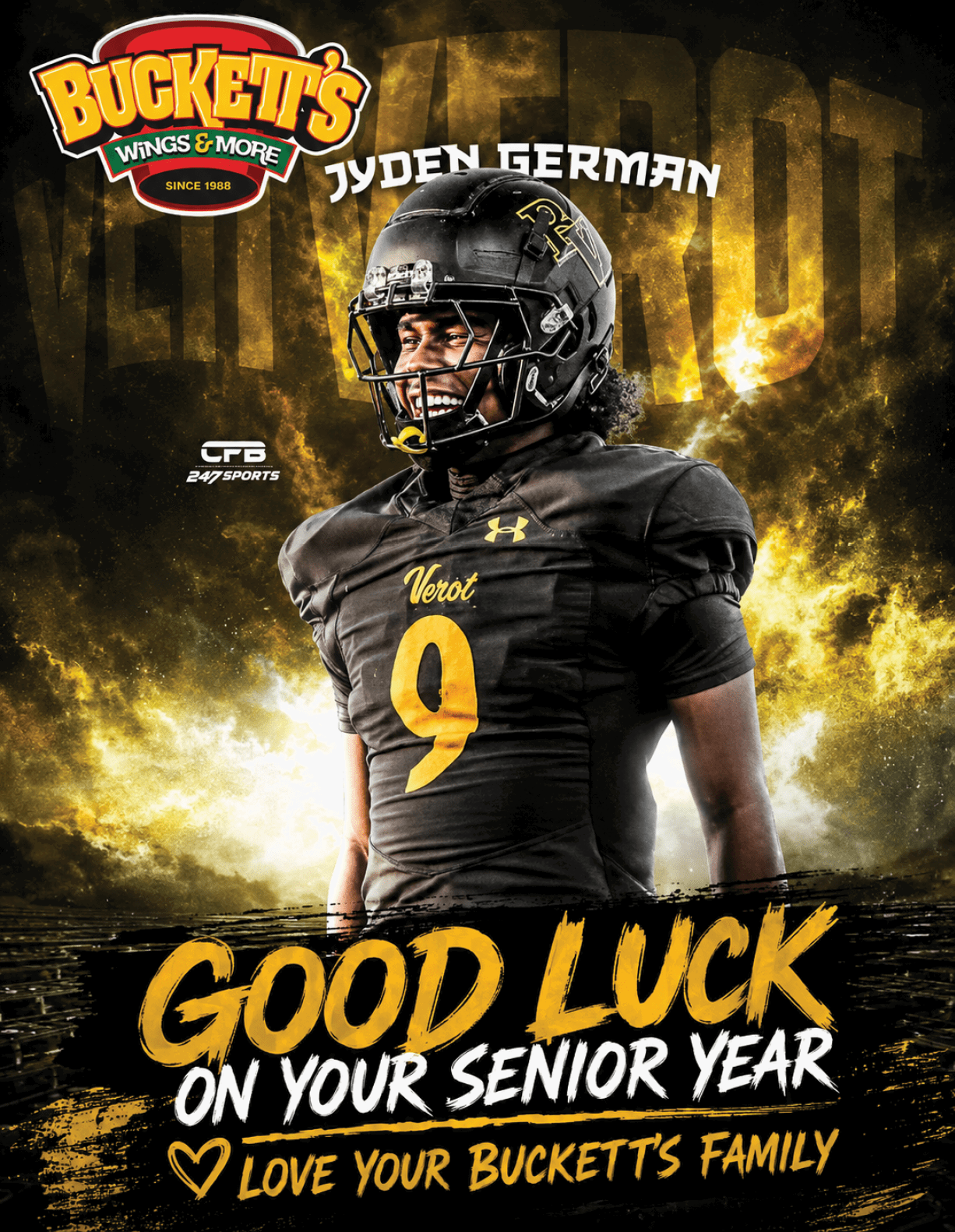 A person in a black football uniform with the number nine stands confidently against a dramatic smoky background with text wishing good luck on their senior year from Bucketts Wings & More. Descripci n generada con IA