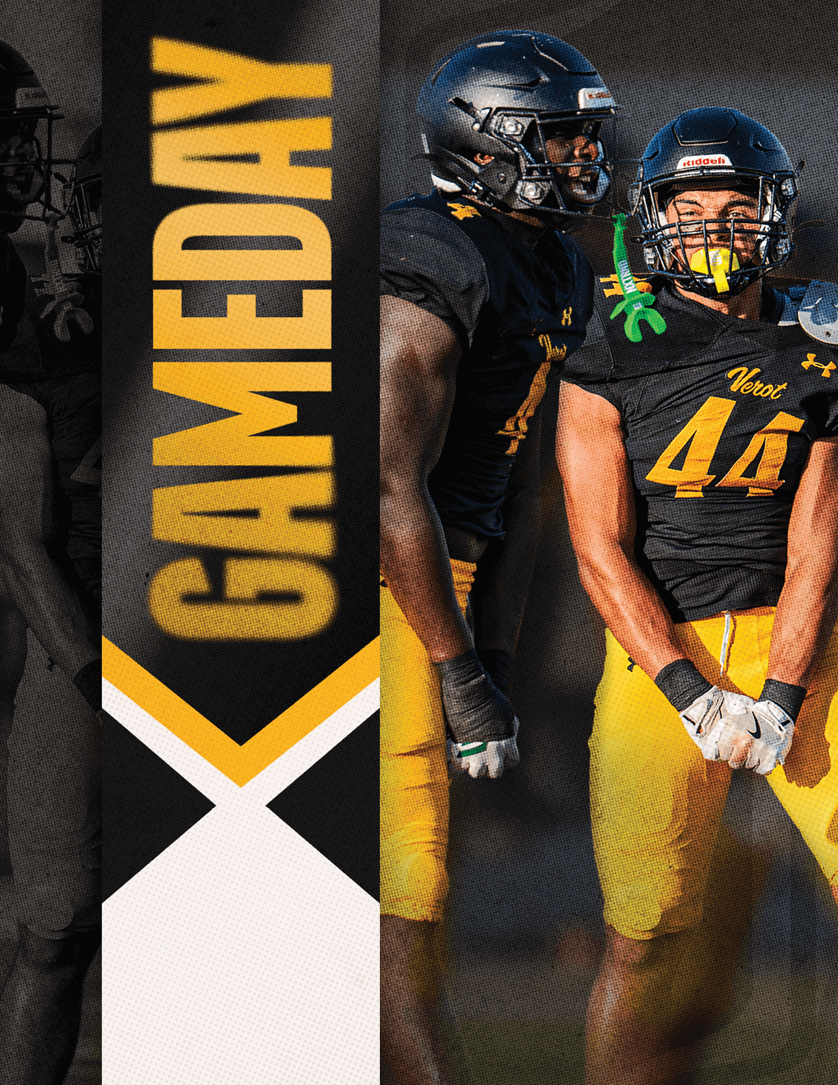 Two football players in black and yellow uniforms stand next to a vertical banner with the word GAMEDAY in bold yellow letters. Descripci n generada con IA