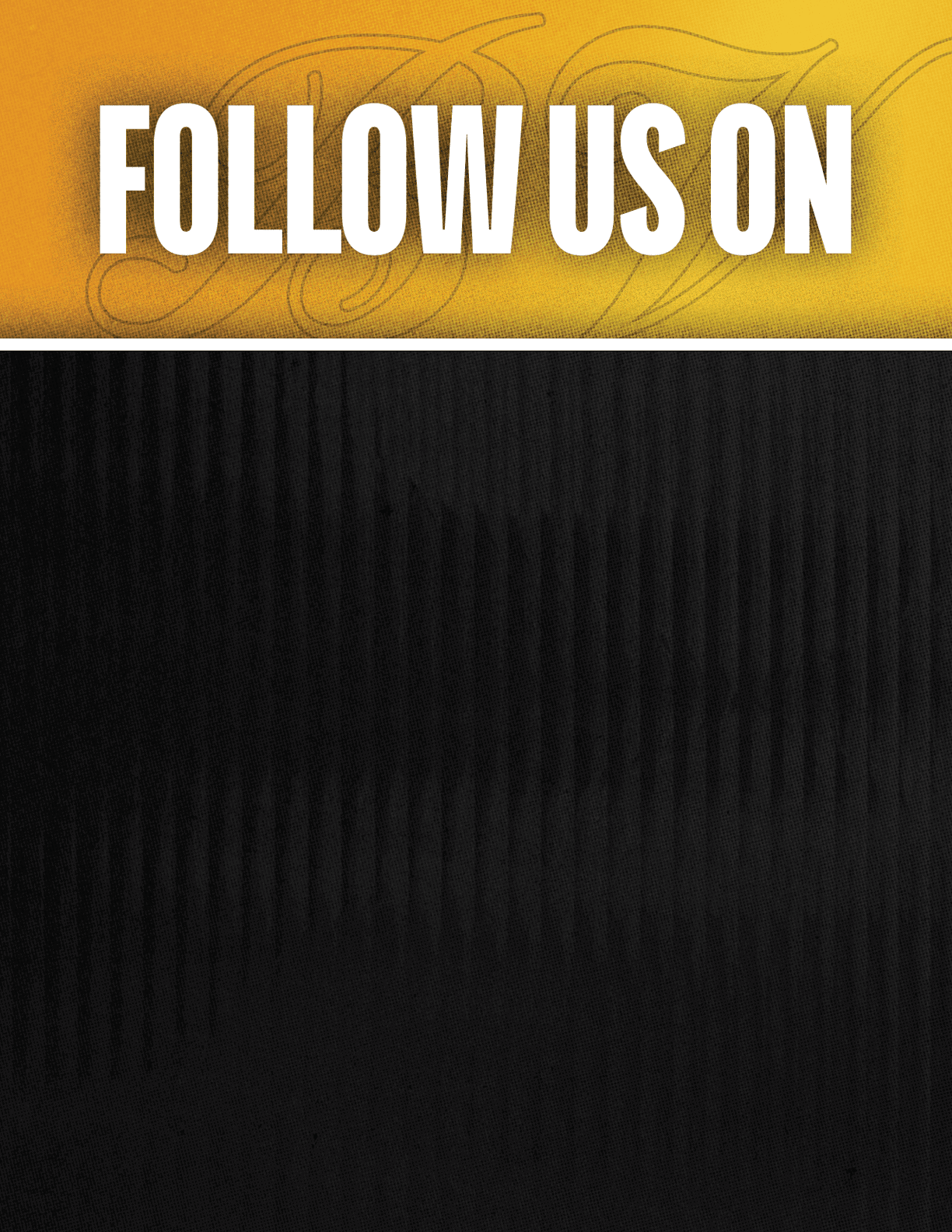 A black and red sign that says Follow Us On. Description generated by AI