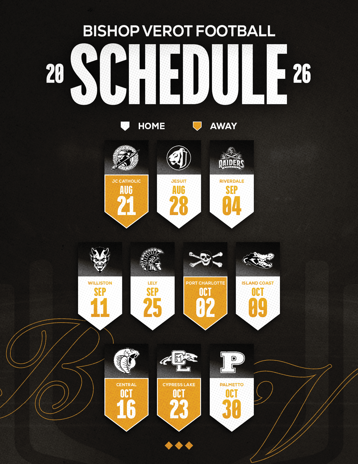 The Bishop Verot Football 2026 schedule displays home and away games with team logos and dates arranged in a grid on a black background with gold and white accents. Descripci n generada con IA