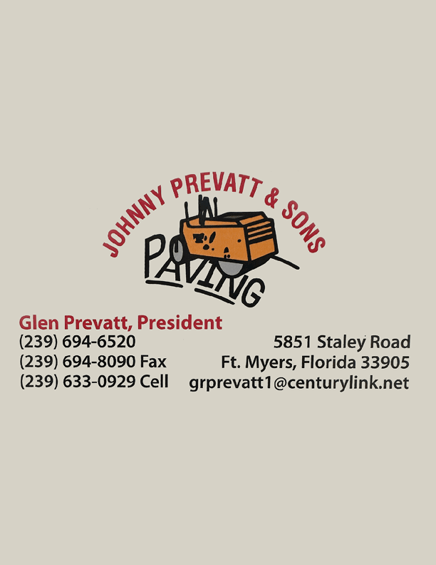 A business logo for Johnny Prevatt & Sons Paving featuring a paving machine illustration and contact information for Glen Prevatt, President, including phone numbers, fax, address, and email. Descripci n generada con IA