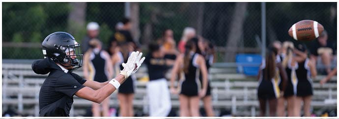 A person wearing a helmet and gloves is reaching out to catch a football on a field with blurred people and bleachers in the background. Descripci n generada con IA