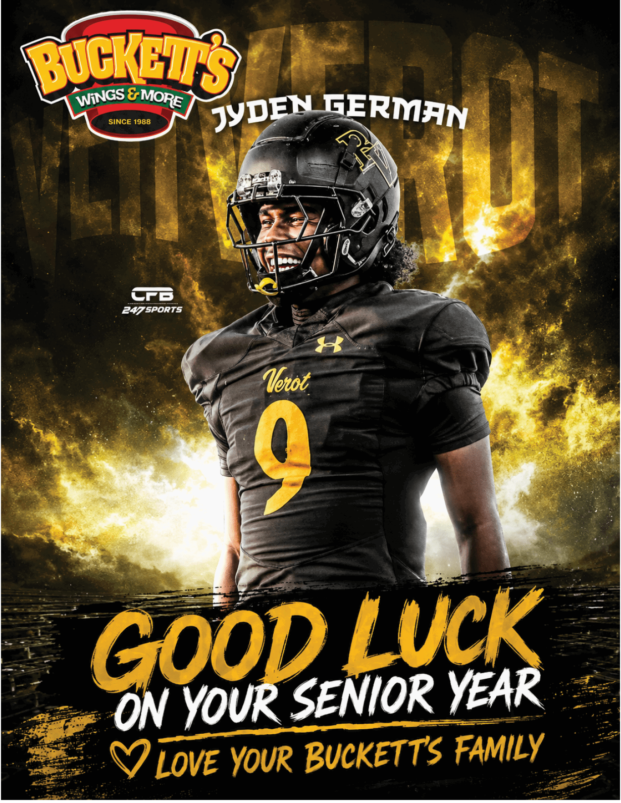 A person in a black football uniform with the number nine stands confidently against a dramatic smoky background with text wishing good luck on their senior year from Bucketts Wings & More. Descripci n generada con IA