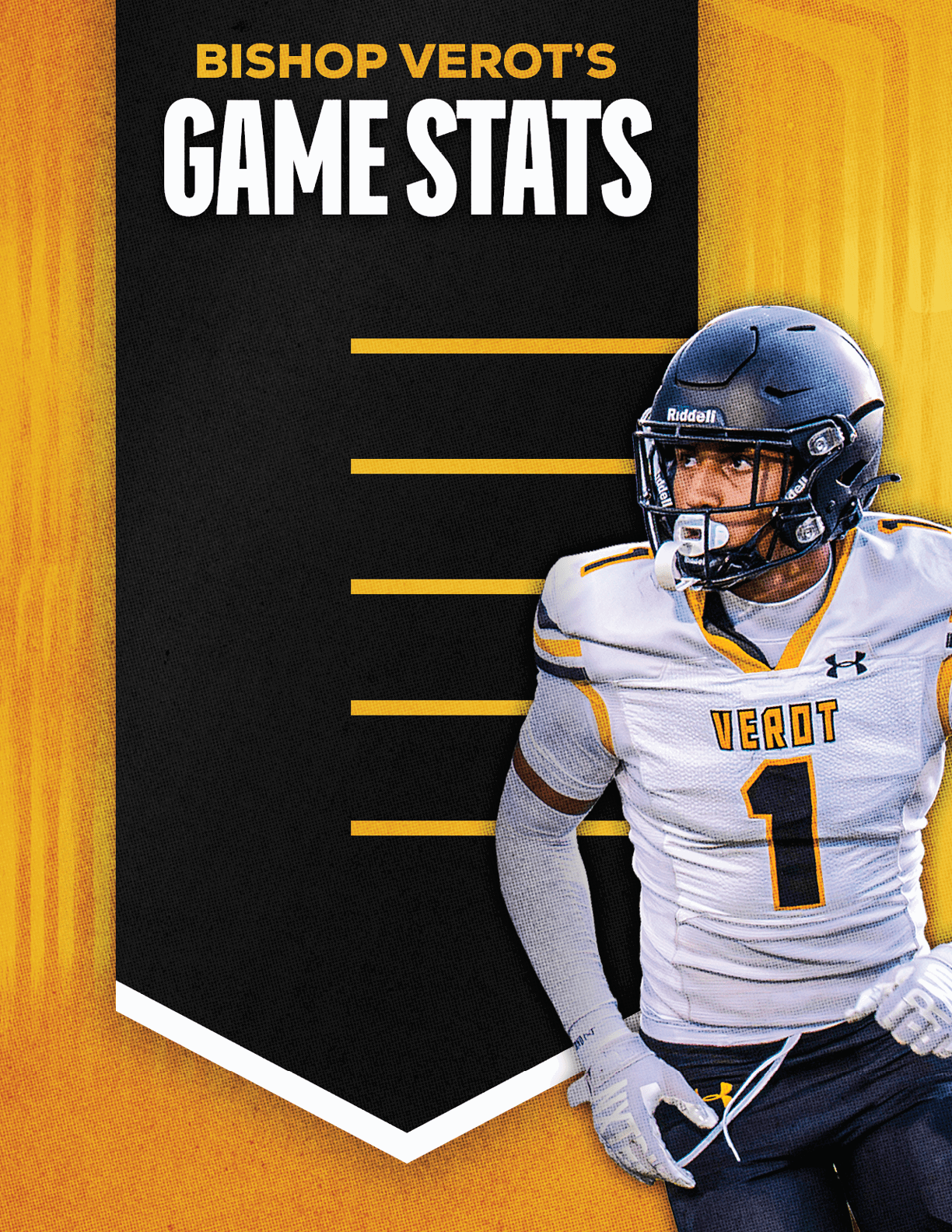A person in a football uniform and helmet stands next to a black banner with gold text that reads Bishop Verot's Game Stats. Descripci n generada con IA