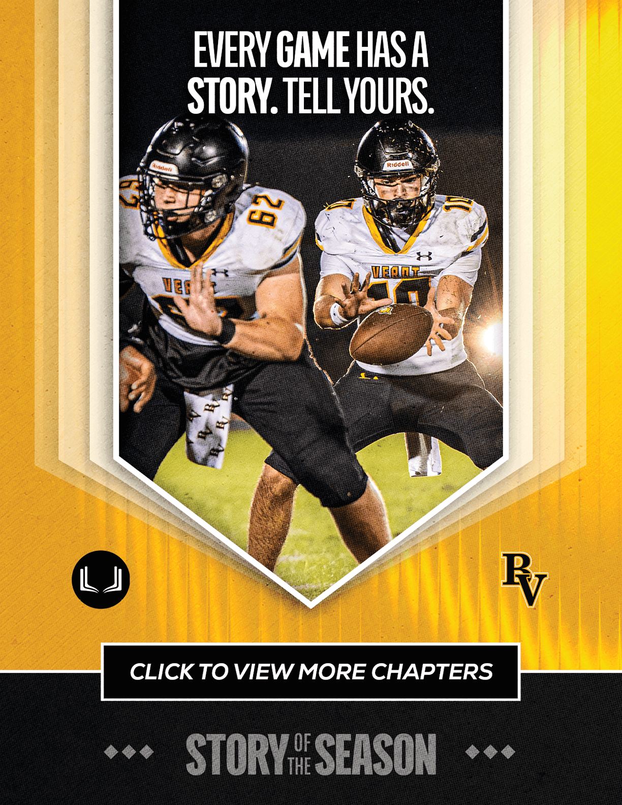 Two athletes in football uniforms are on a field with one preparing to throw a football and the other running, accompanied by the text every game has a story tell yours. Descripci n generada con IA