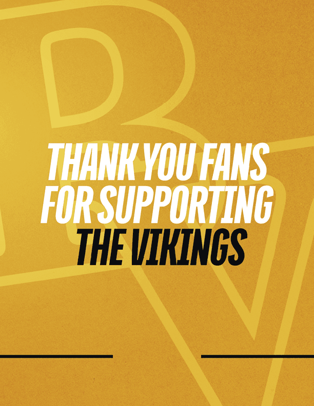 Thank you message in bold white and black text on a gold background expressing gratitude to fans for supporting the Vikings. Descripci n generada con IA
