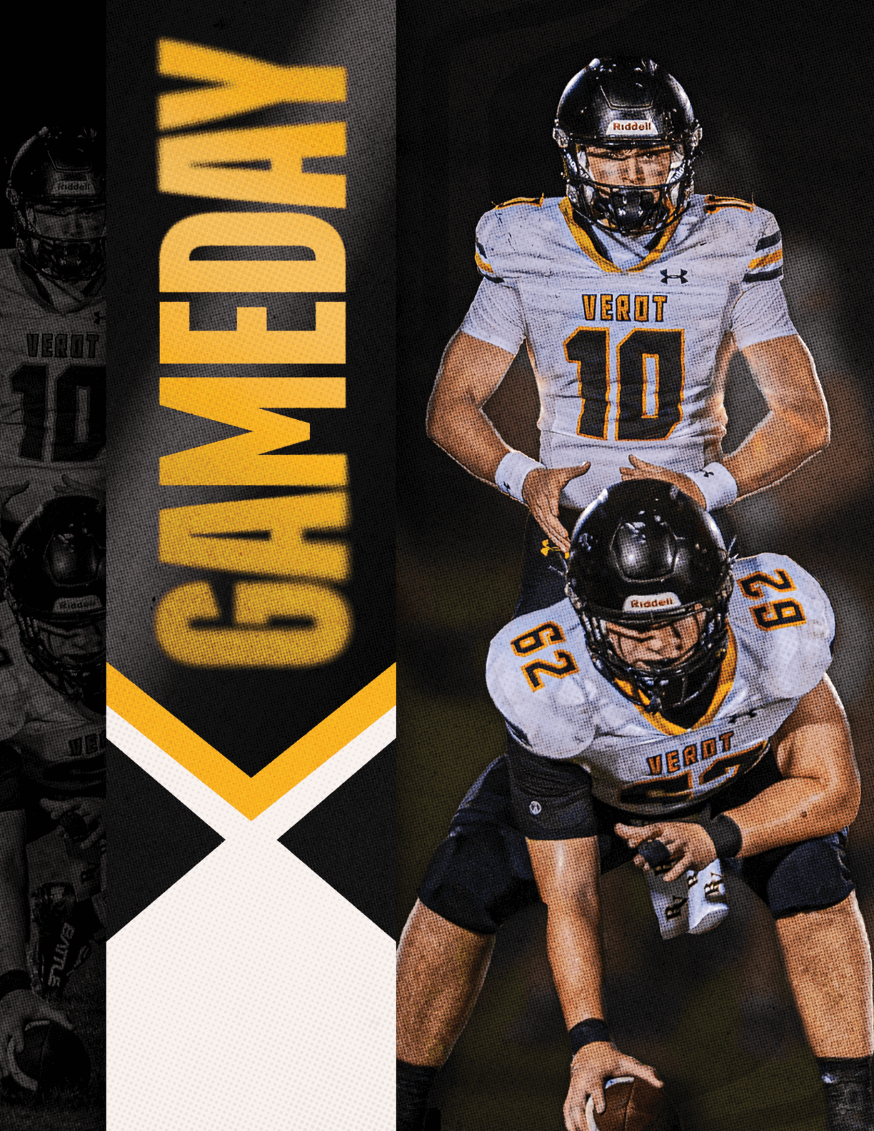 Two football players in white and black uniforms with yellow accents prepare for a play on a field with a vertical banner reading GAMEDAY beside them. Descripci n generada con IA
